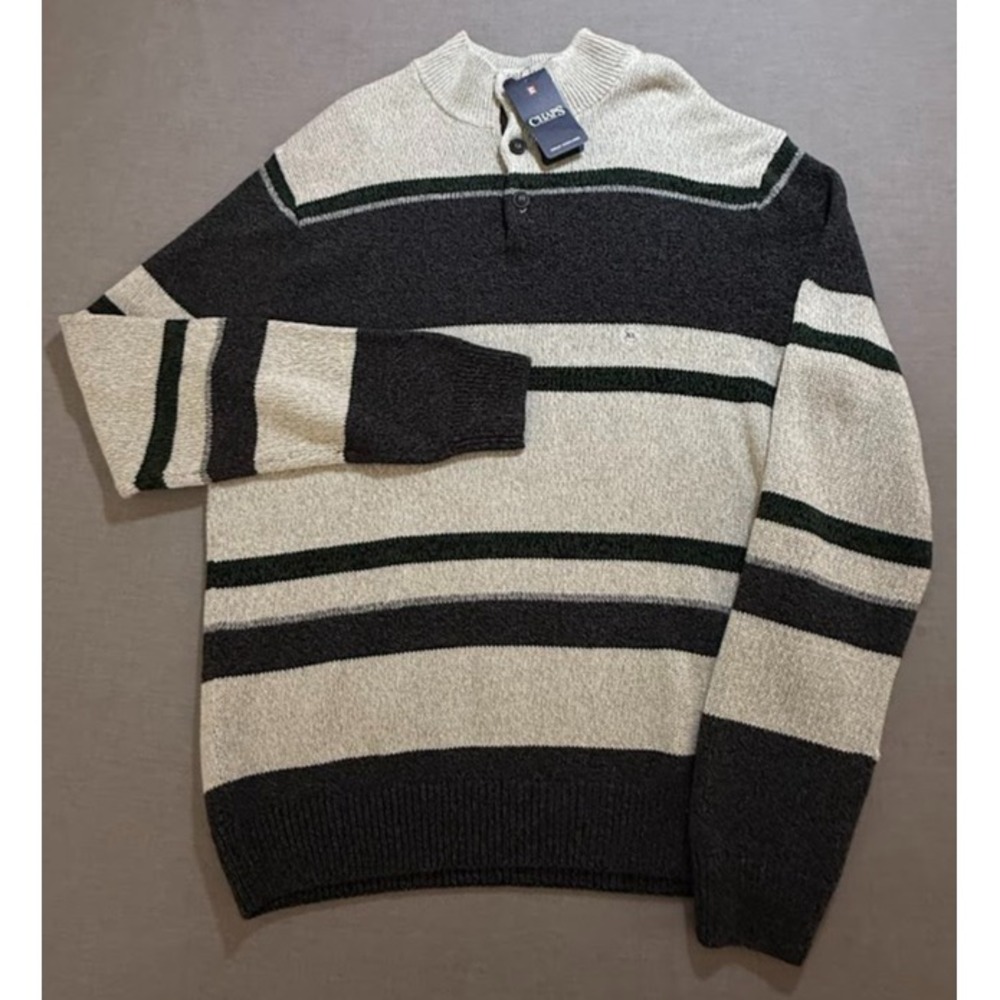 Chaps Sweater Mens Extra Large Gray Striped Button Pullover Long Sleeve.‎
